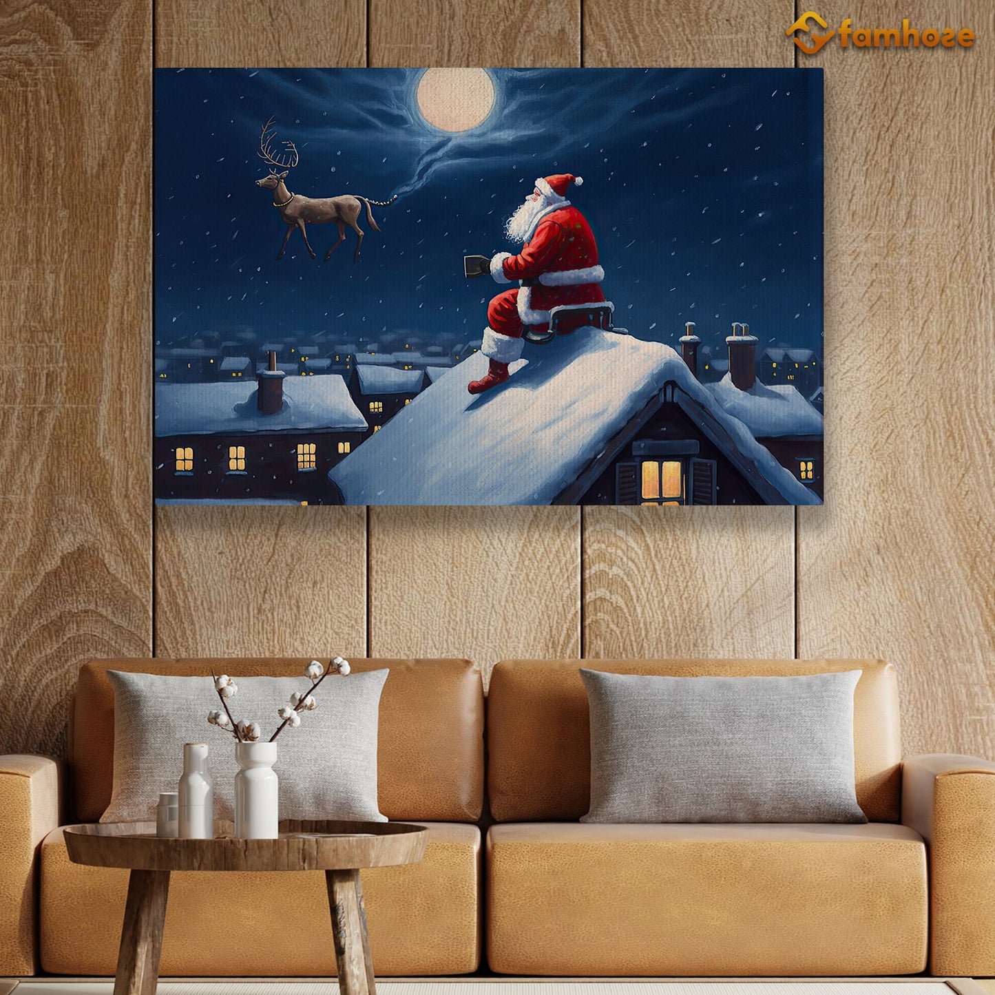 Santa's Enchanted Encounter on a Snowy Rooftop Christmas Canvas Painting, Xmas Wall Art Decor - Christmas Poster Gift