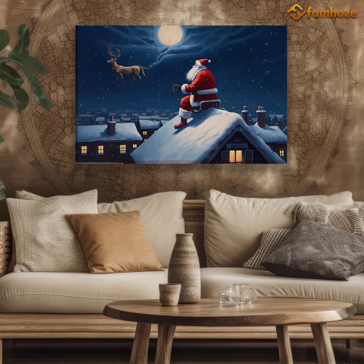 Santa's Enchanted Encounter on a Snowy Rooftop Christmas Canvas Painting, Xmas Wall Art Decor - Christmas Poster Gift