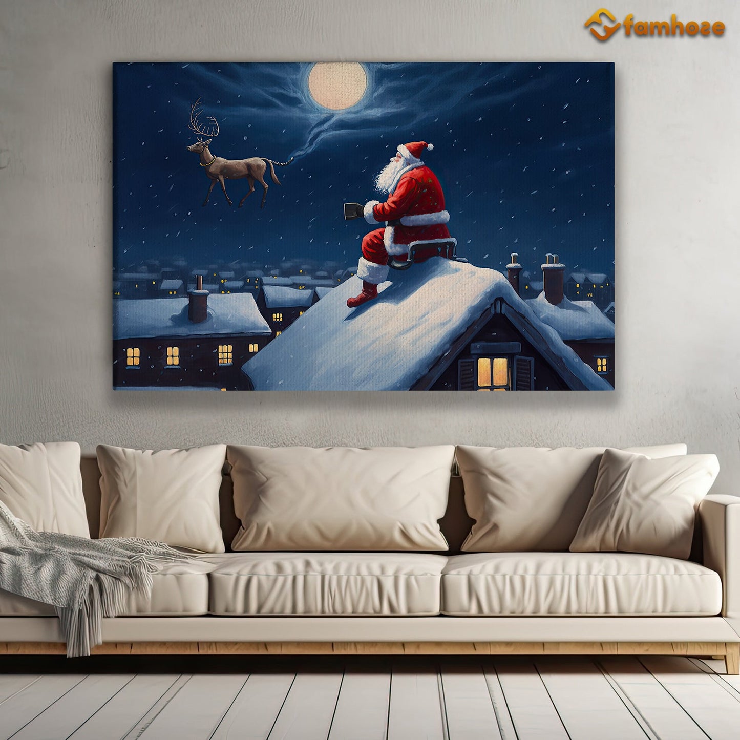 Santa's Enchanted Encounter on a Snowy Rooftop Christmas Canvas Painting, Xmas Wall Art Decor - Christmas Poster Gift