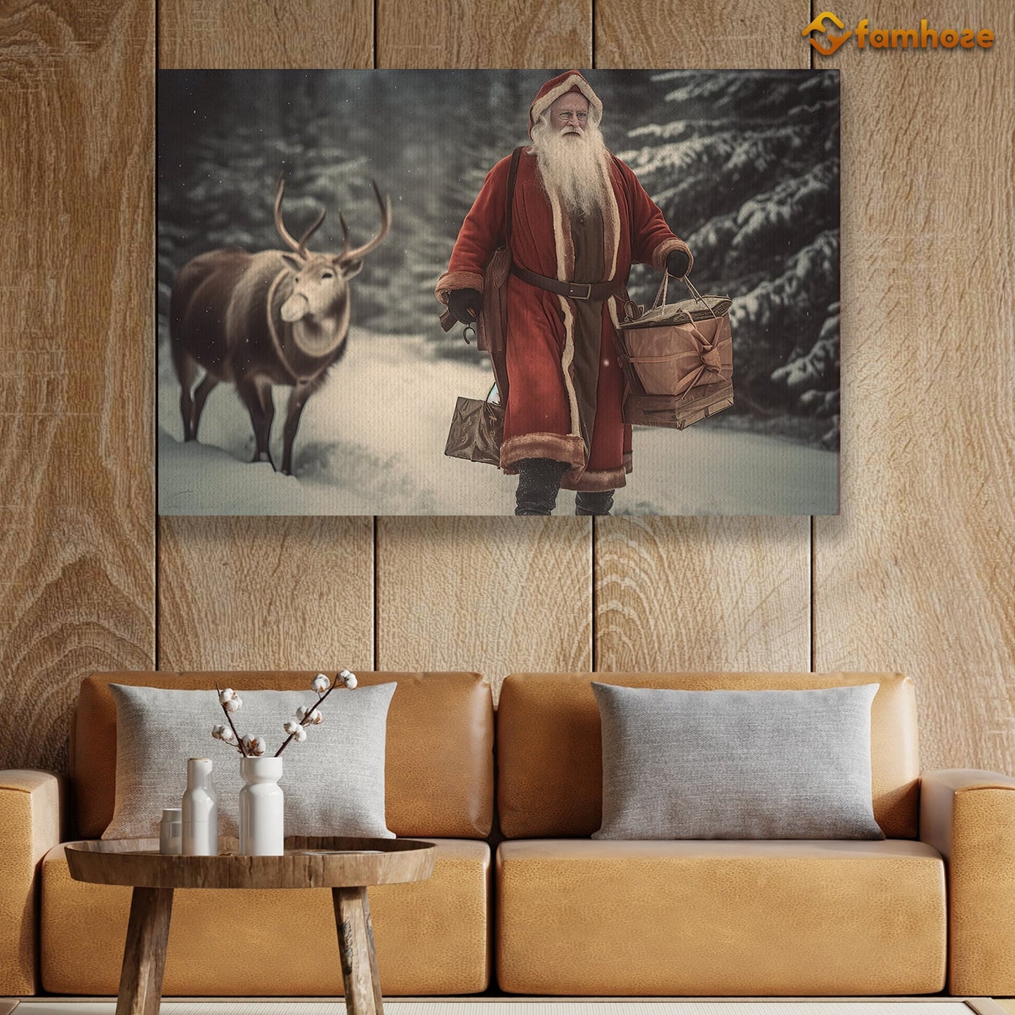 Journey Through the Winter Woods Santa and His Trusty Reindeer Christmas Canvas Painting, Xmas Wall Art Decor - Christmas Poster Gift