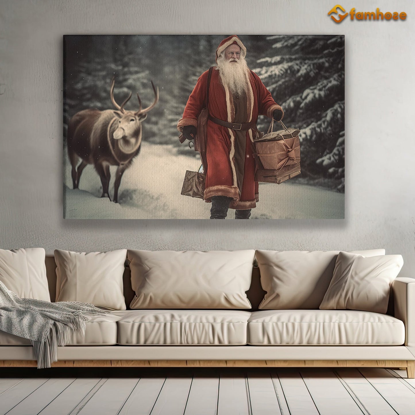 Journey Through the Winter Woods Santa and His Trusty Reindeer Christmas Canvas Painting, Xmas Wall Art Decor - Christmas Poster Gift