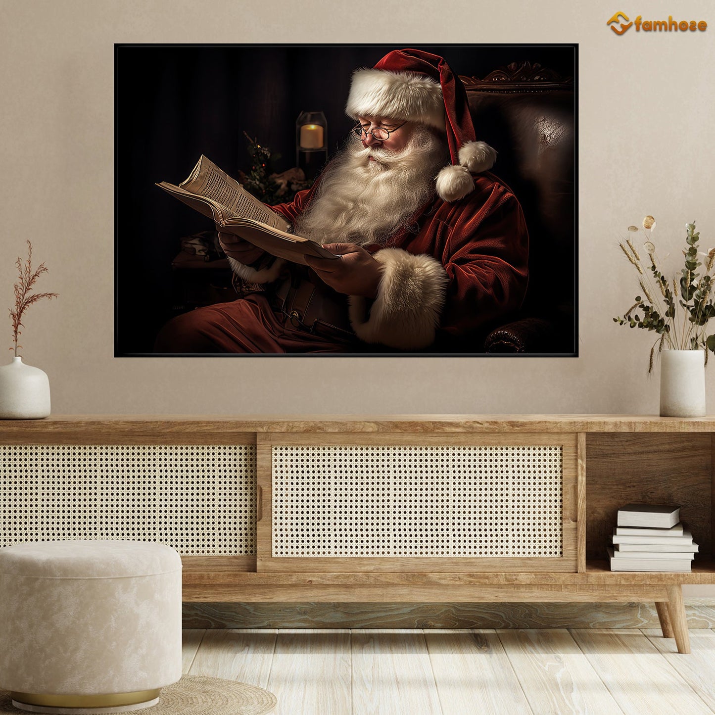 Santa's Quiet Moment Reading by Candlelight Christmas Canvas Painting, Xmas Wall Art Decor - Christmas Poster Gift