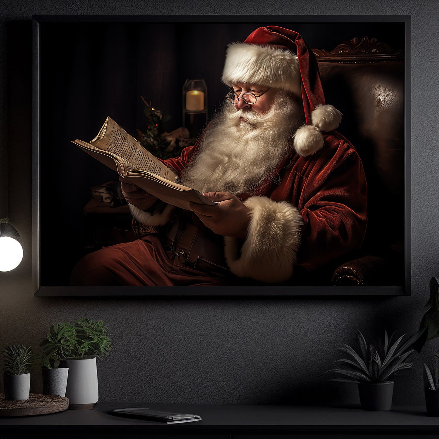 Santa Claus Is Reading Book, Christmas Canvas Painting, Xmas Wall Art Decor - Christmas Poster Gift For Book Lovers