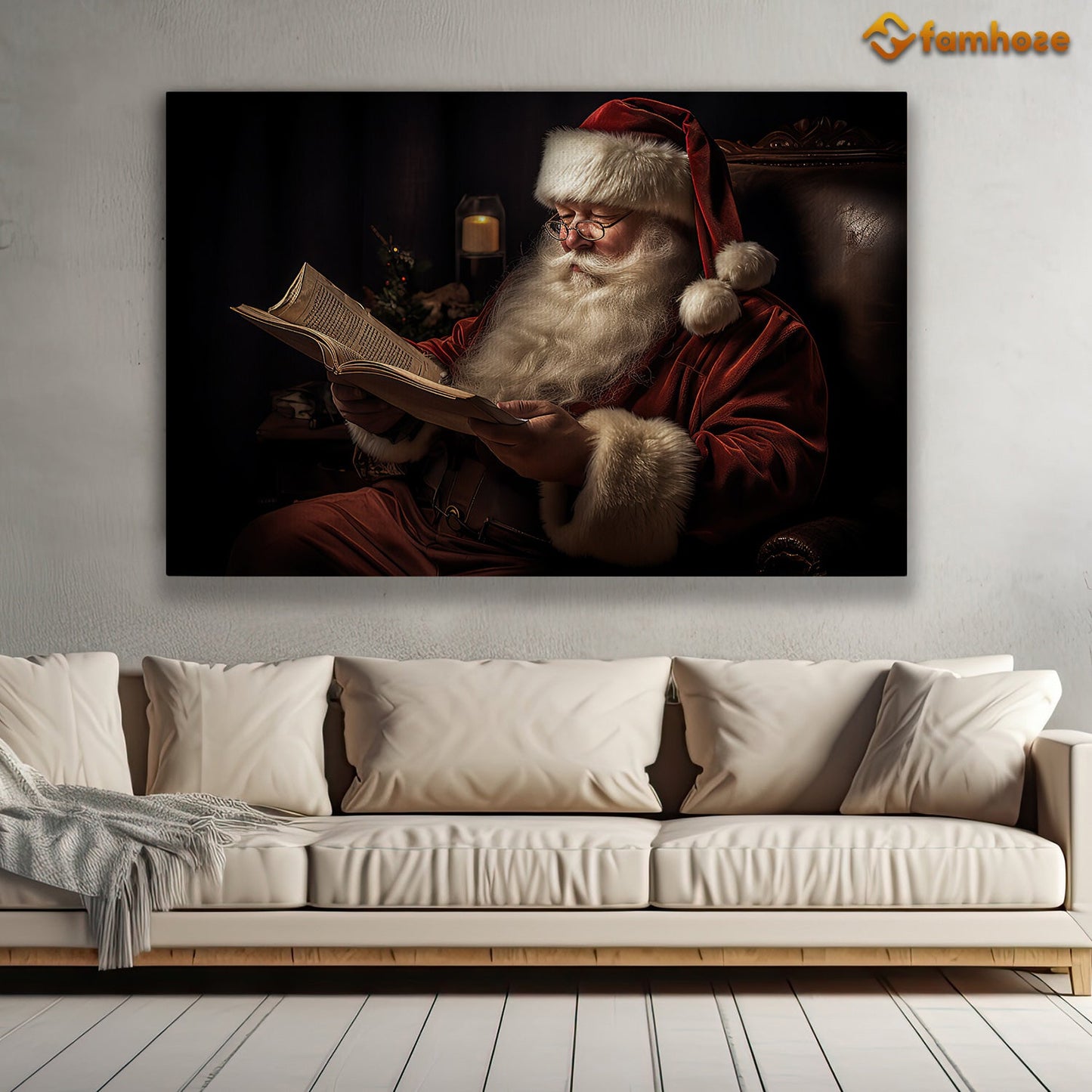 Santa's Quiet Moment Reading by Candlelight Christmas Canvas Painting, Xmas Wall Art Decor - Christmas Poster Gift