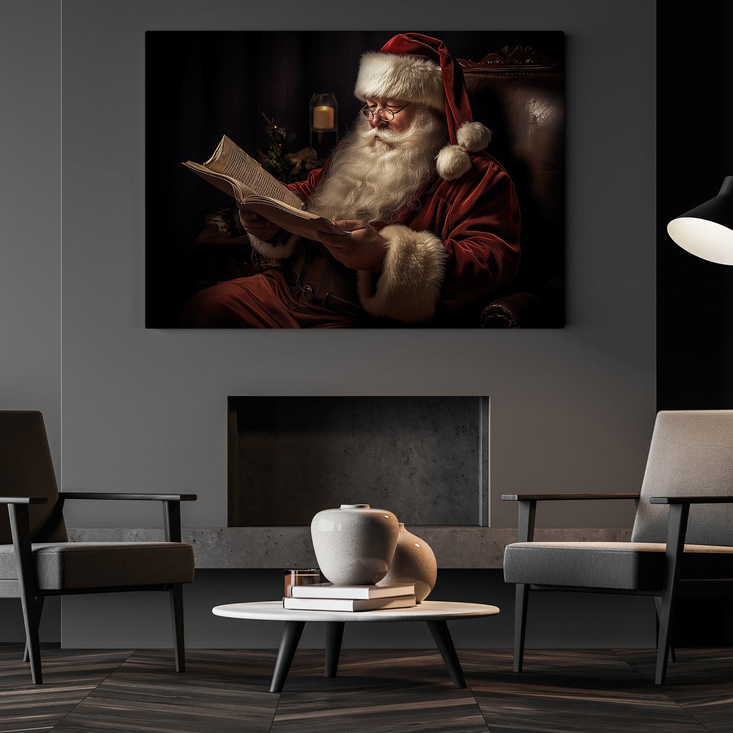 Santa Claus Is Reading Book, Christmas Canvas Painting, Xmas Wall Art Decor - Christmas Poster Gift For Book Lovers