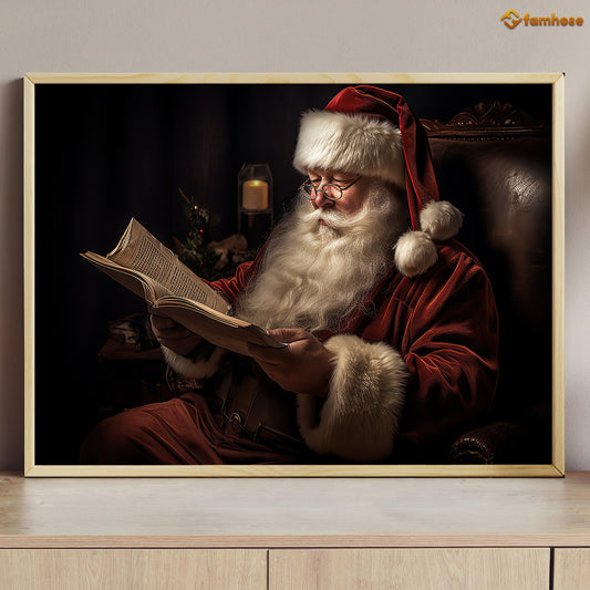 Santa's Quiet Moment Reading by Candlelight Christmas Canvas Painting, Xmas Wall Art Decor - Christmas Poster Gift