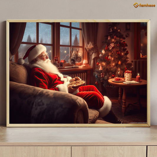 Santa's Cozy Evening Savoring Cookies by the Christmas Tree Christmas Canvas Painting, Xmas Wall Art Decor - Christmas Poster Gift