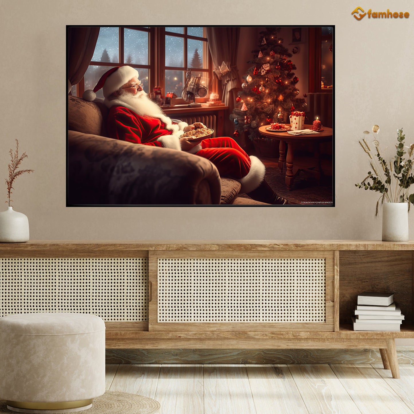 Santa's Cozy Evening Savoring Cookies by the Christmas Tree Christmas Canvas Painting, Xmas Wall Art Decor - Christmas Poster Gift