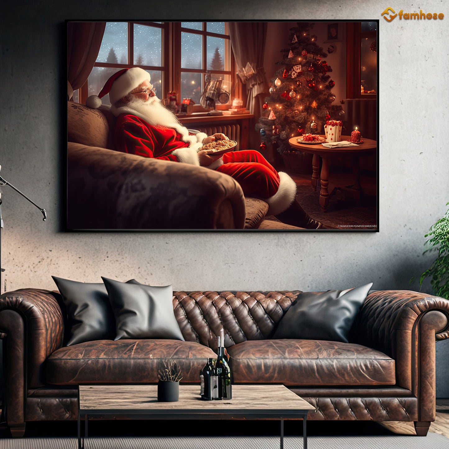 Santa's Cozy Evening Savoring Cookies by the Christmas Tree Christmas Canvas Painting, Xmas Wall Art Decor - Christmas Poster Gift