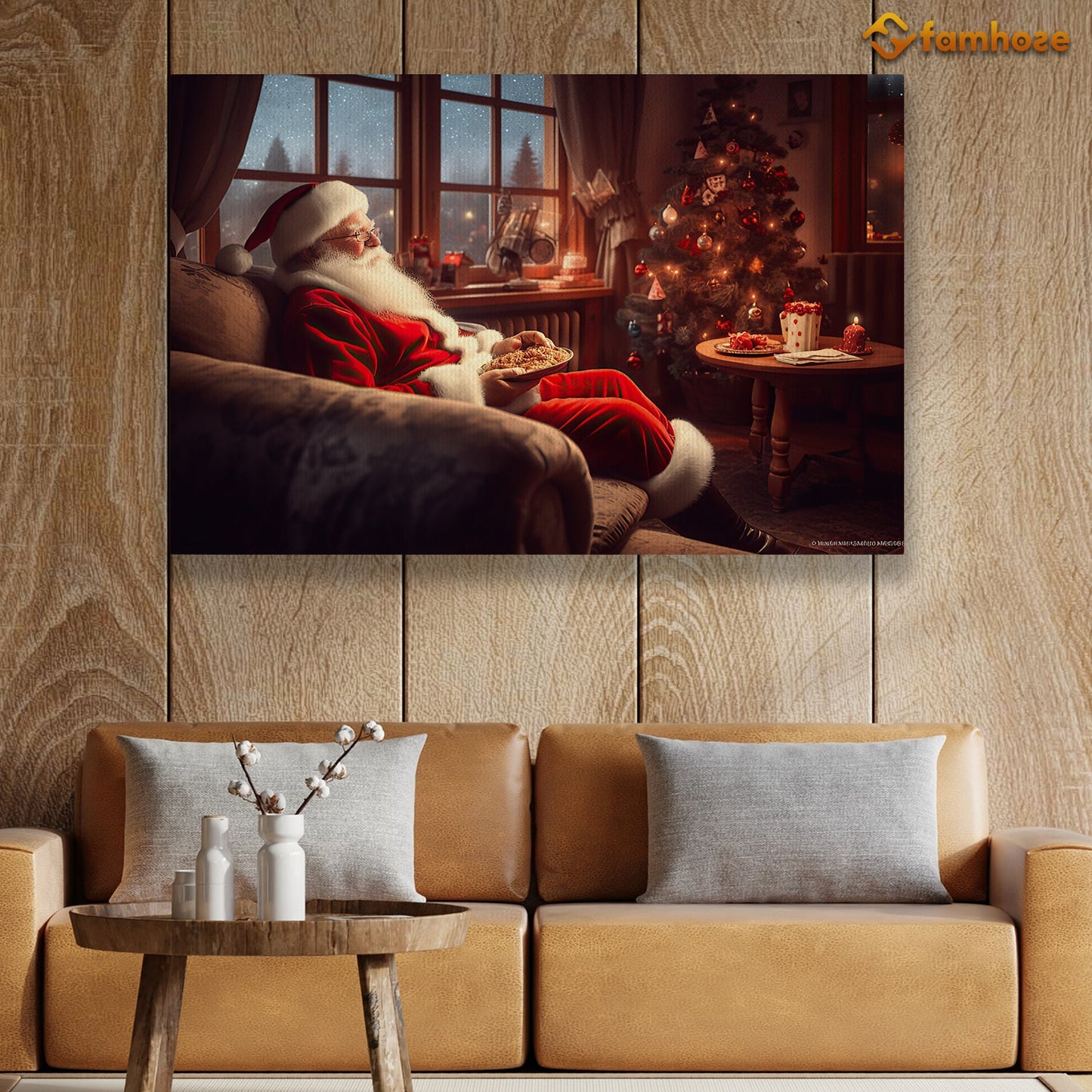 Santa's Cozy Evening Savoring Cookies by the Christmas Tree Christmas Canvas Painting, Xmas Wall Art Decor - Christmas Poster Gift