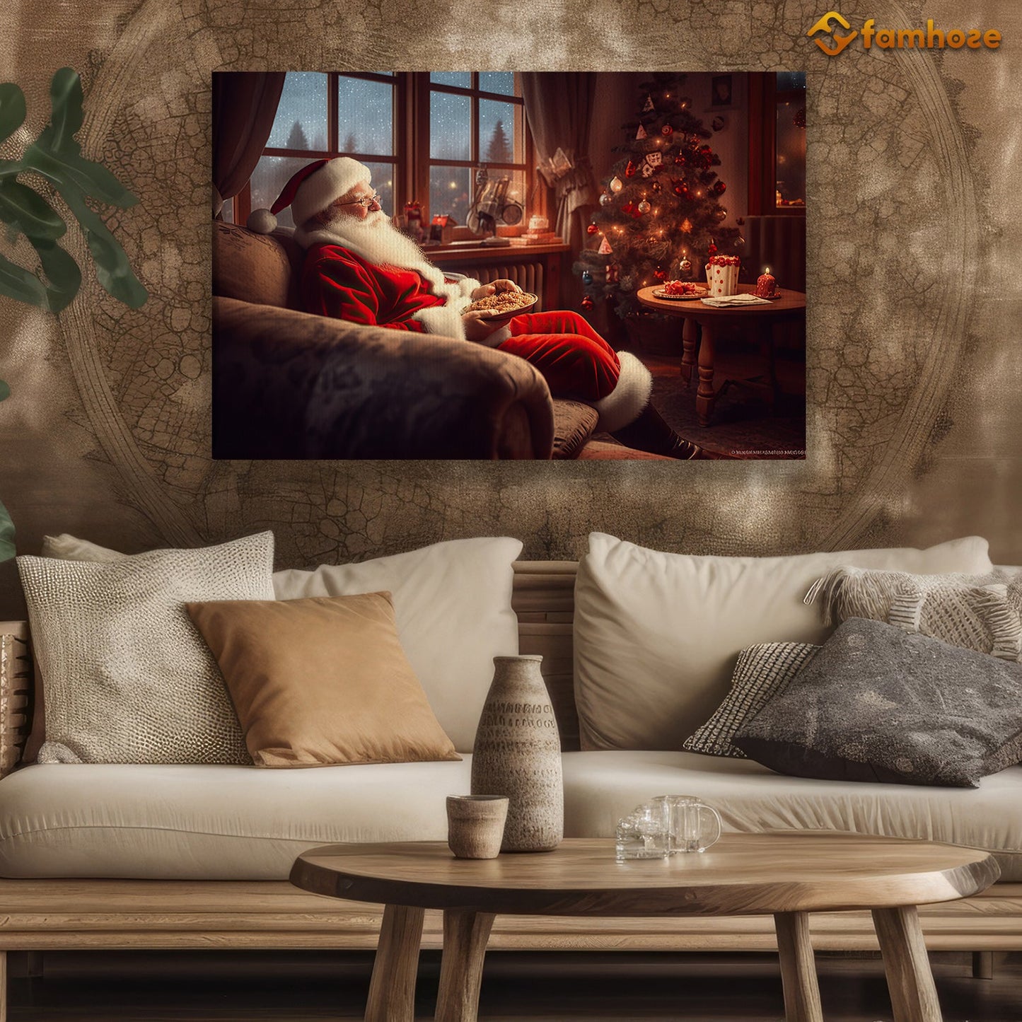 Santa's Cozy Evening Savoring Cookies by the Christmas Tree Christmas Canvas Painting, Xmas Wall Art Decor - Christmas Poster Gift