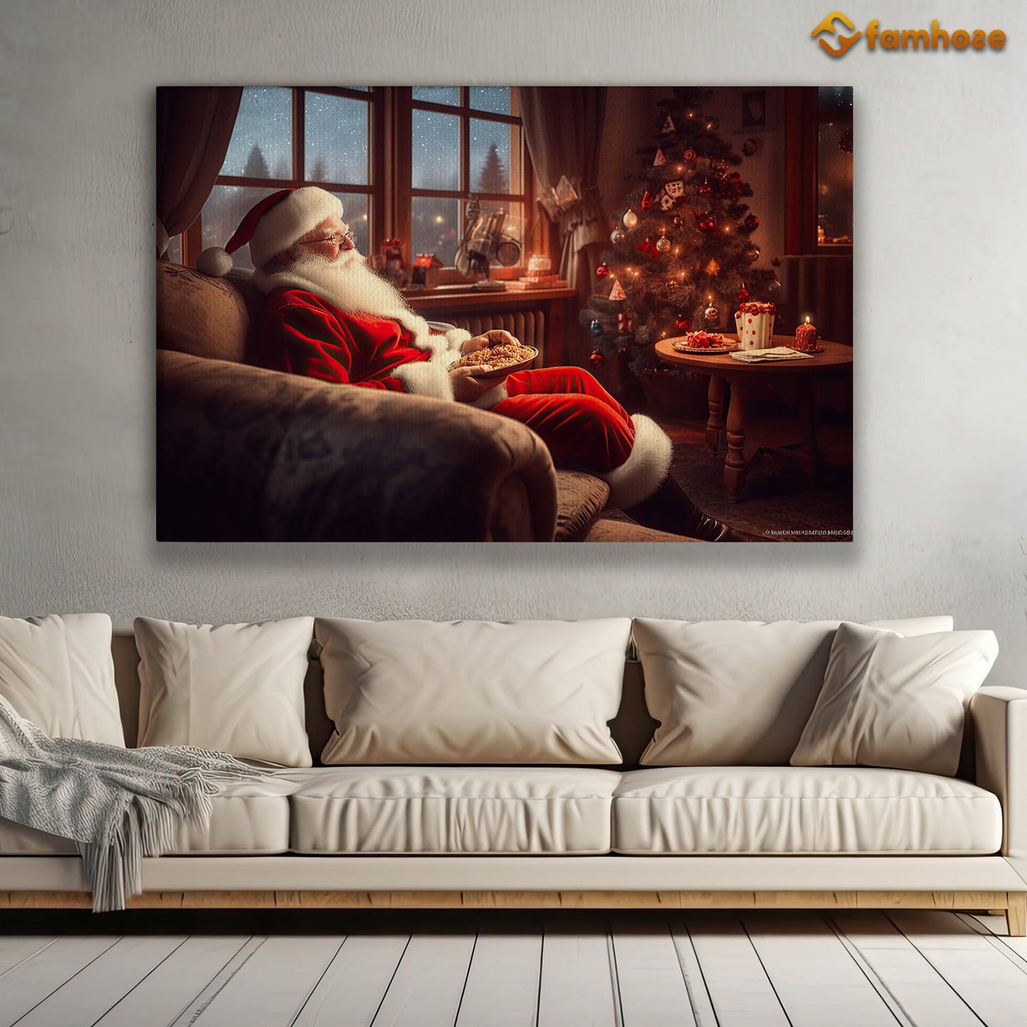 Santa's Cozy Evening Savoring Cookies by the Christmas Tree Christmas Canvas Painting, Xmas Wall Art Decor - Christmas Poster Gift