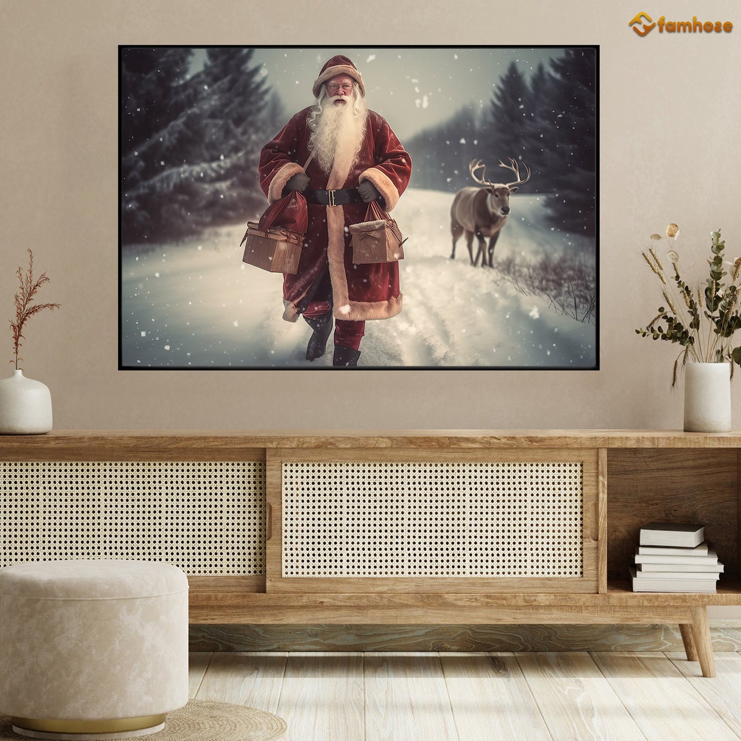 Journey Through The Snow Santa and His Trusty Reindeer Christmas Canvas Painting, Xmas Wall Art Decor - Christmas Poster Gift