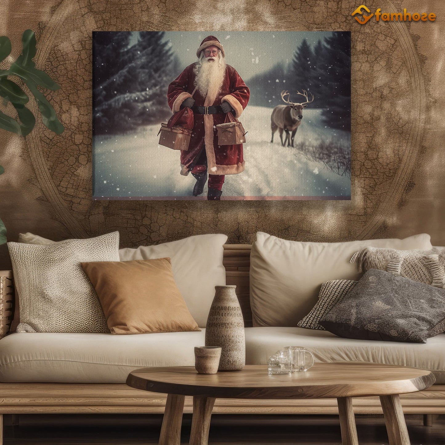 Journey Through The Snow Santa and His Trusty Reindeer Christmas Canvas Painting, Xmas Wall Art Decor - Christmas Poster Gift