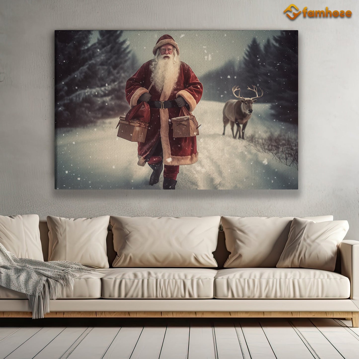 Journey Through The Snow Santa and His Trusty Reindeer Christmas Canvas Painting, Xmas Wall Art Decor - Christmas Poster Gift