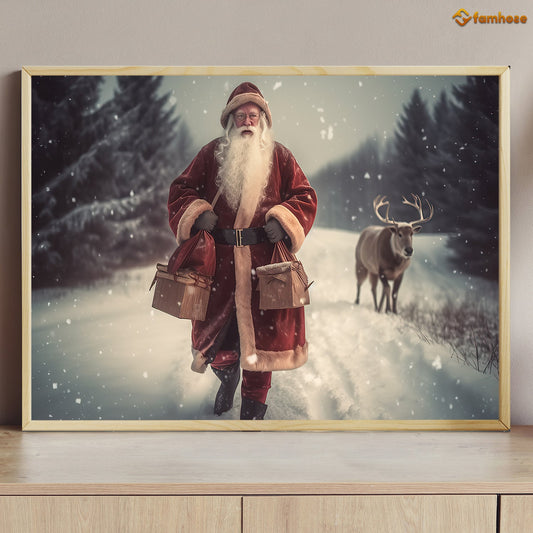 Journey Through The Snow Santa and His Trusty Reindeer Christmas Canvas Painting, Xmas Wall Art Decor - Christmas Poster Gift