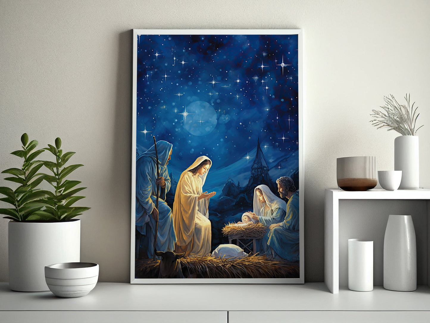 Starry Night Of The Nativity, Jesus Christmas Canvas Painting, Xmas Wall Art Decor - Christmas Poster Gift