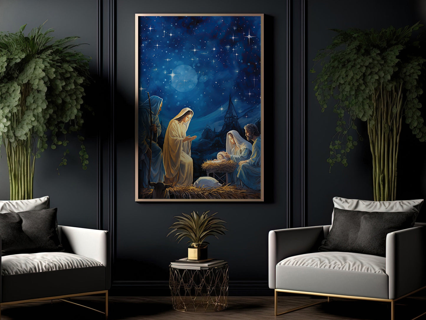 Starry Night Of The Nativity, Jesus Christmas Canvas Painting, Xmas Wall Art Decor - Christmas Poster Gift