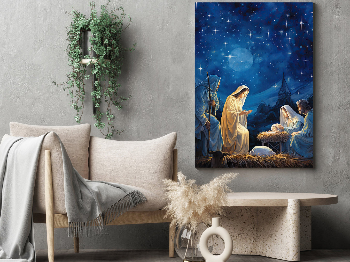 Starry Night Of The Nativity, Jesus Christmas Canvas Painting, Xmas Wall Art Decor - Christmas Poster Gift