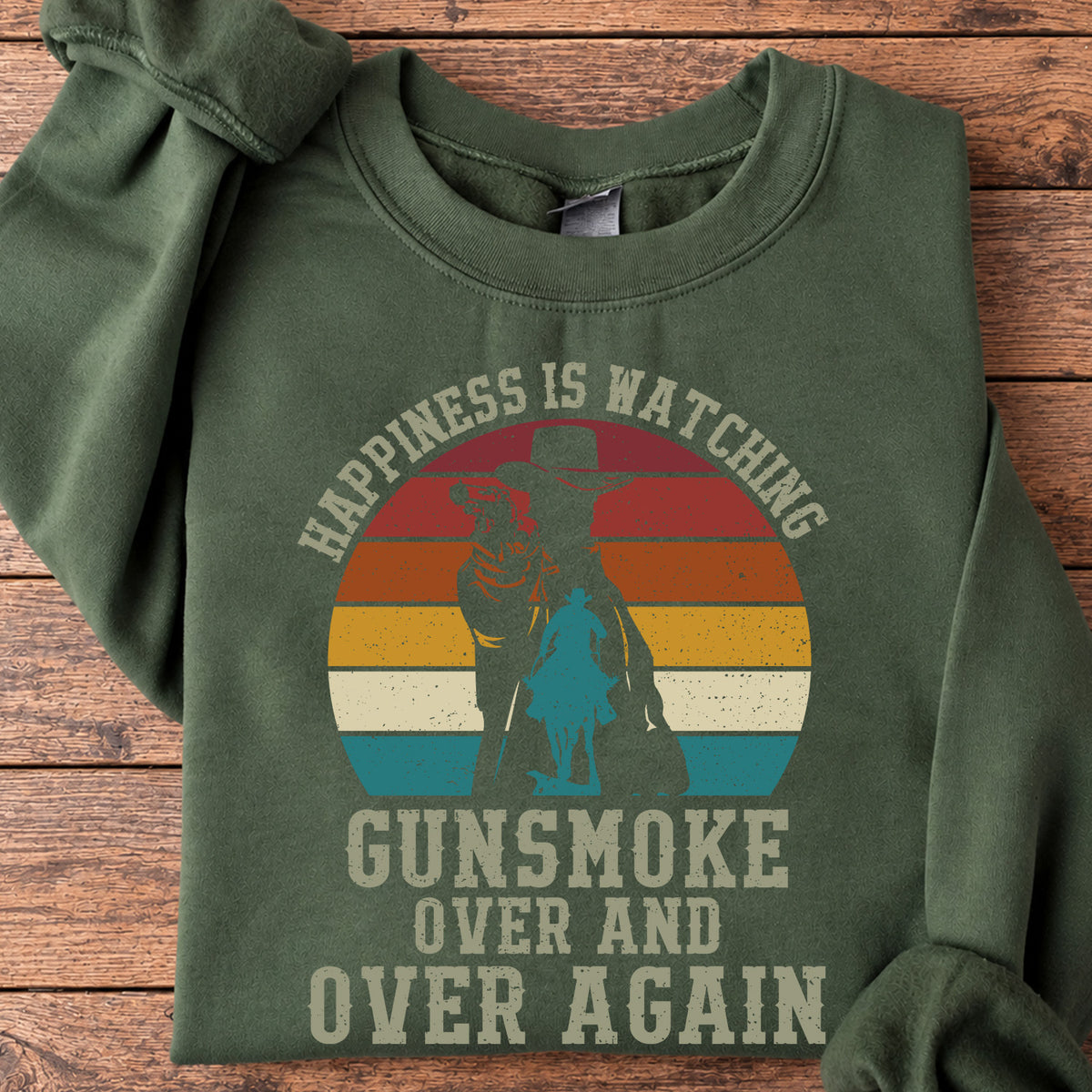 Cowboy Christmas Sweatshirt, Happiness Is Watching Gunsmoke Over Crewneck Sweatshirt Gift For Horse Lovers