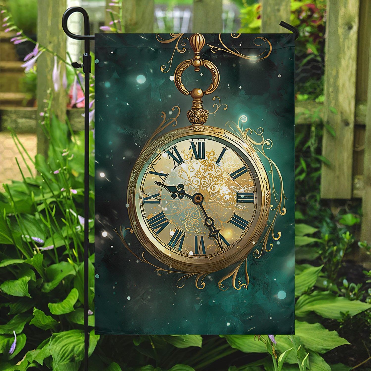 Mystical Timepiece A Celestial Winter's Eve, Clock Garden Flag