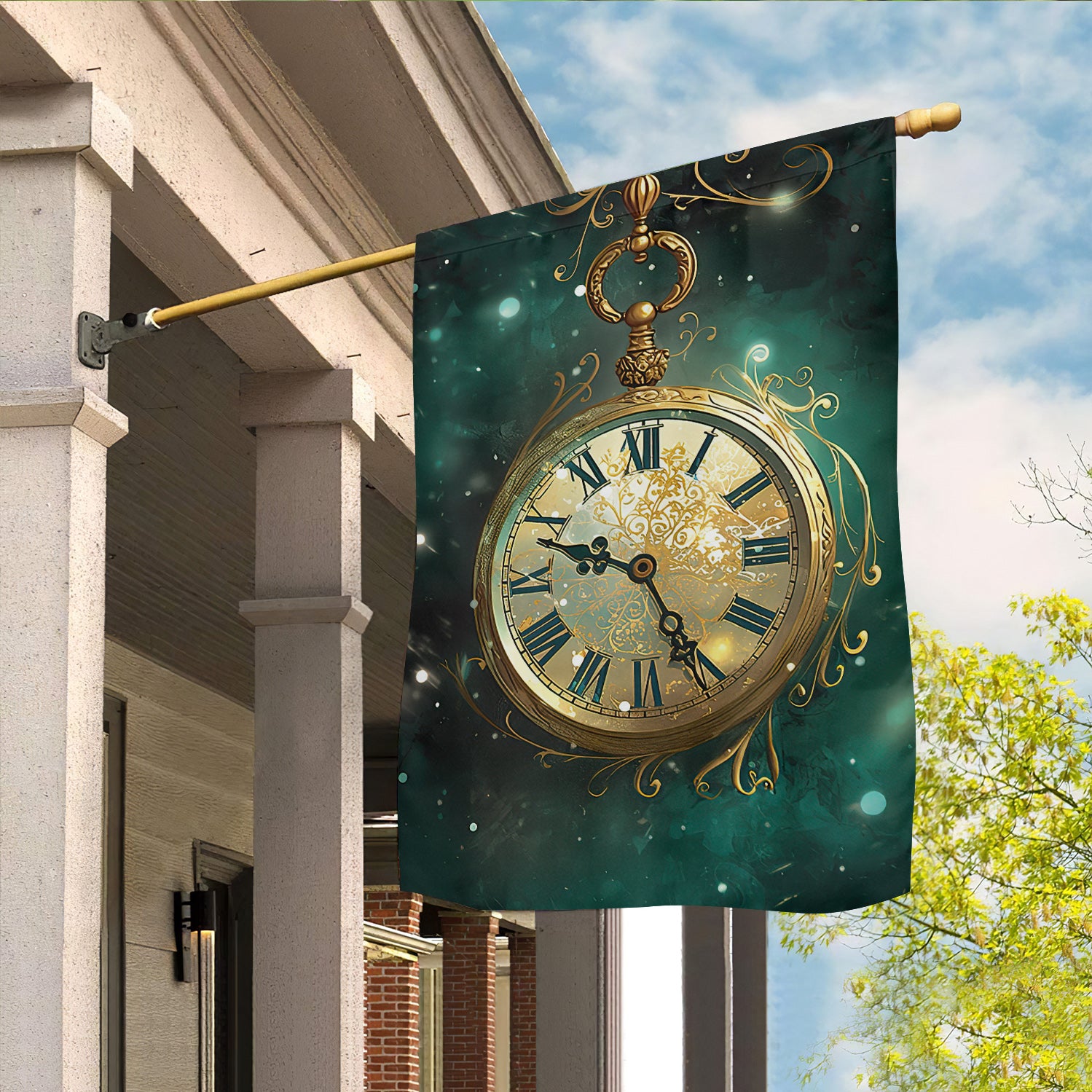 Mystical Timepiece A Celestial Winter's Eve, Clock Garden Flag