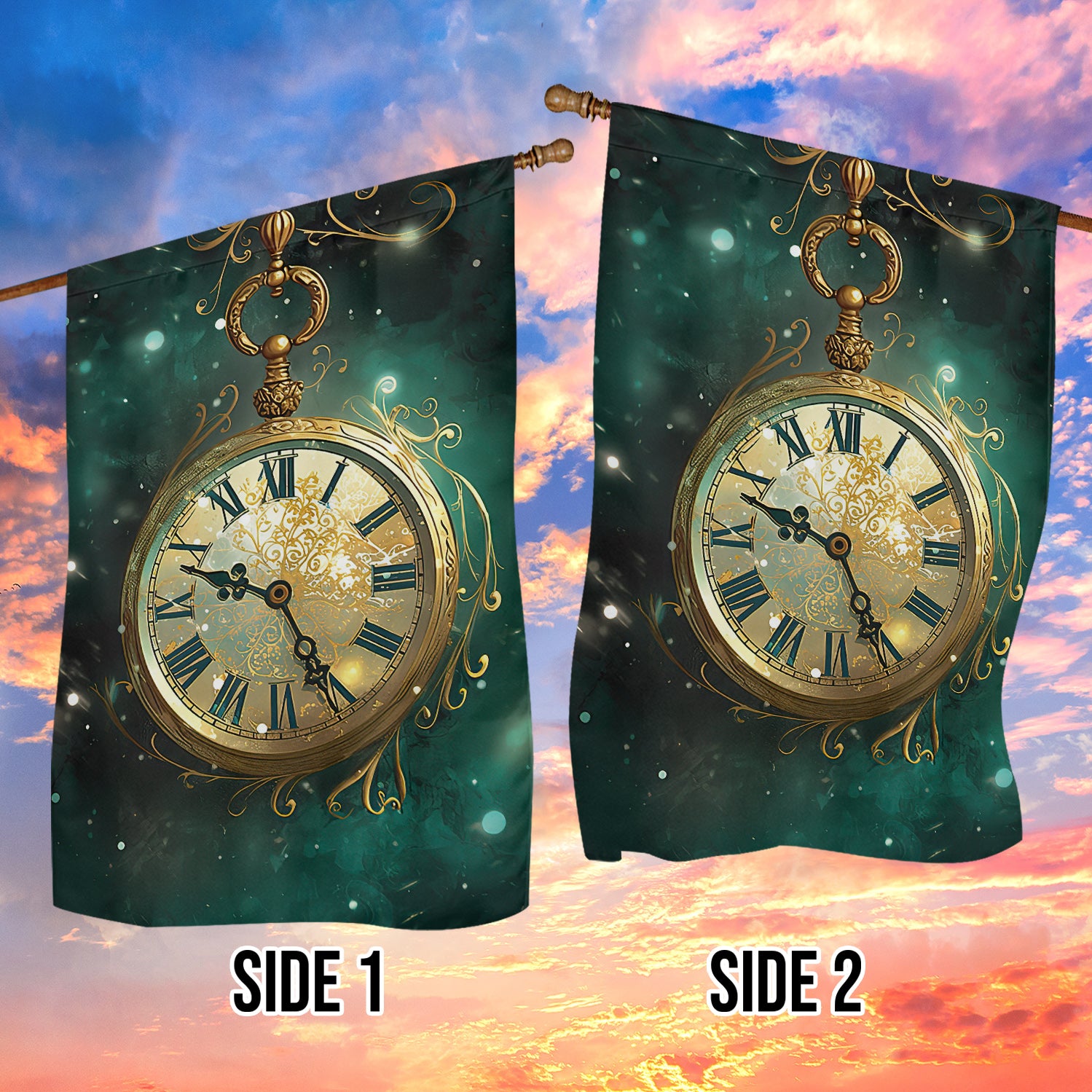 Mystical Timepiece A Celestial Winter's Eve, Clock Garden Flag