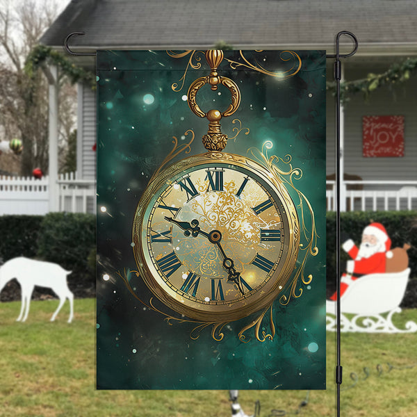 Mystical Timepiece A Celestial Winter's Eve, Clock Garden Flag