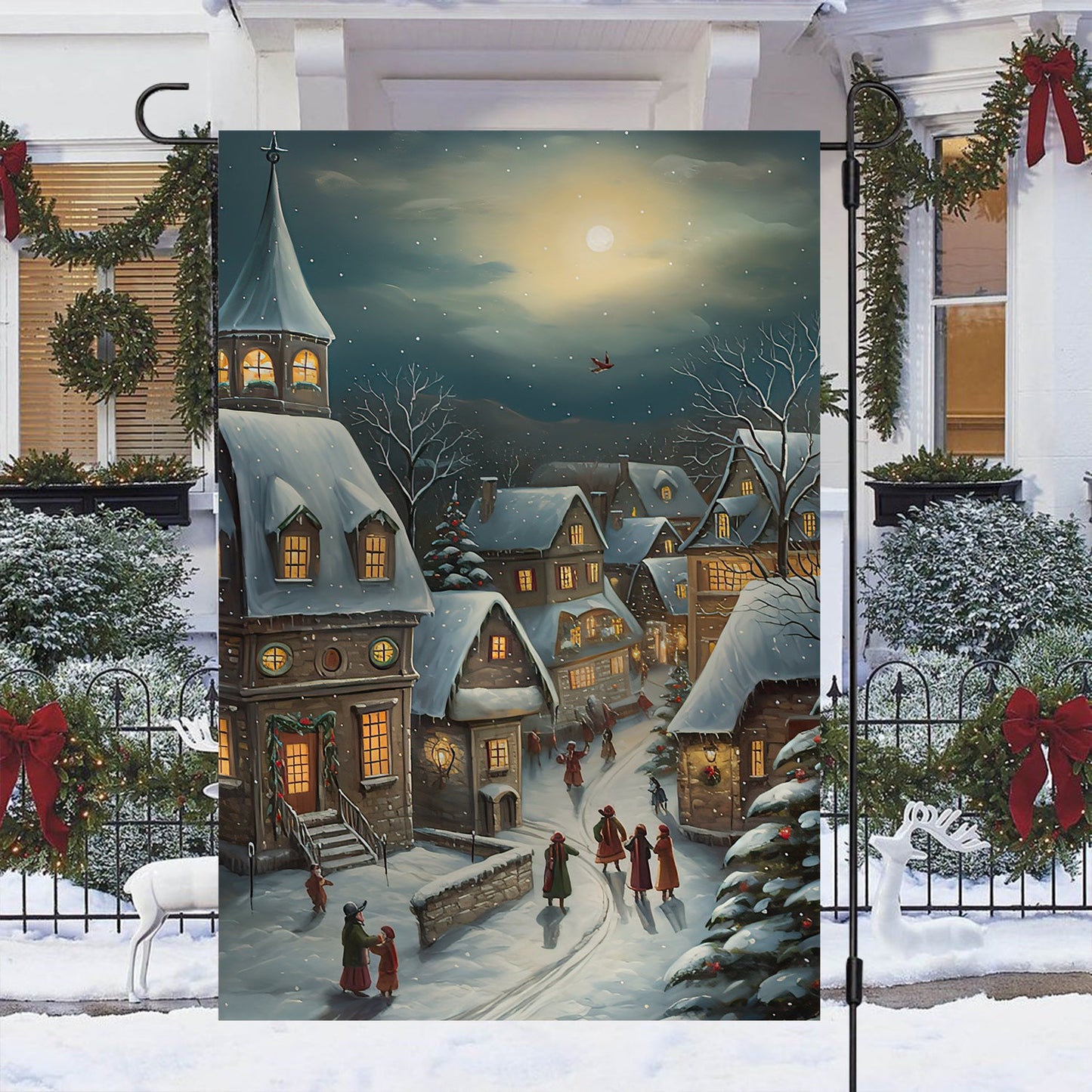 Country Village Scene Covered Snow, Village Xmas Garden Flag & House Flag, Christmas Flag Gift