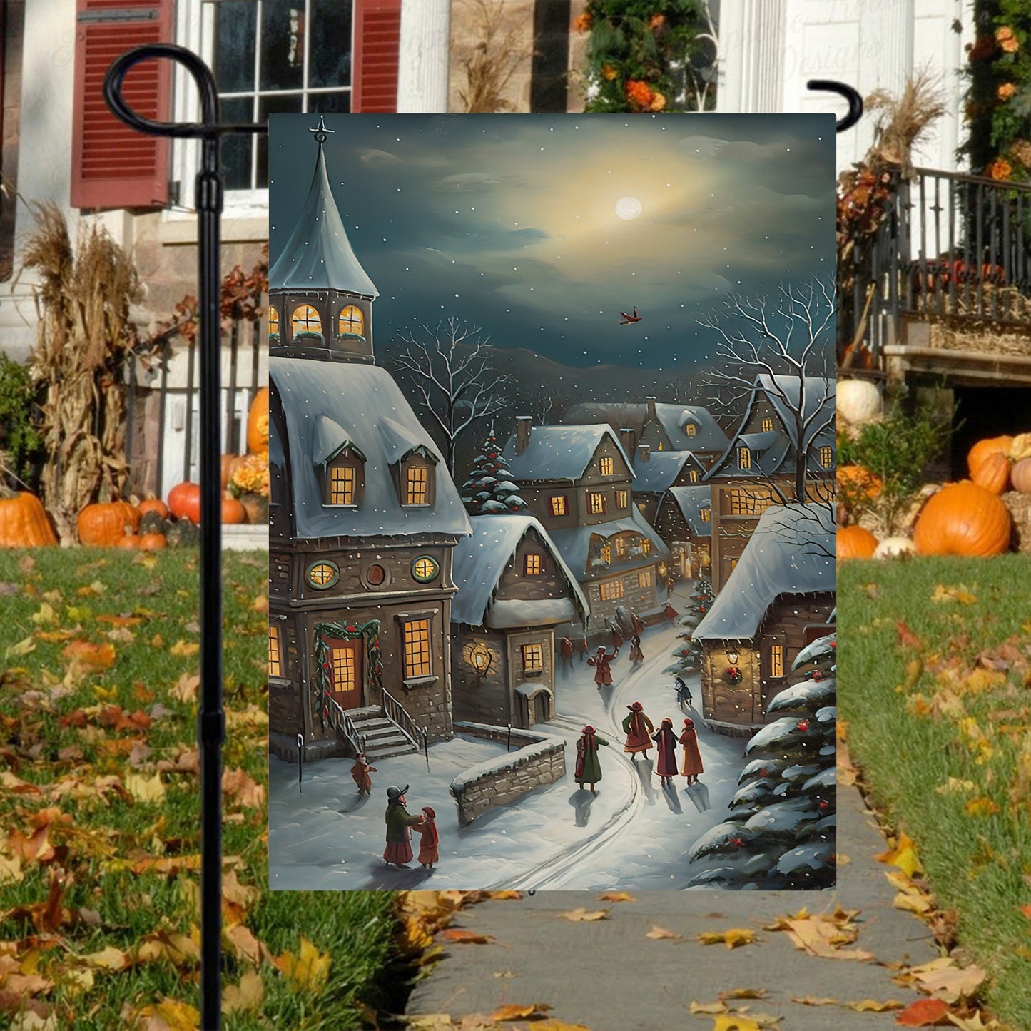 Country Village Scene Covered Snow, Village Xmas Garden Flag & House Flag, Christmas Flag Gift