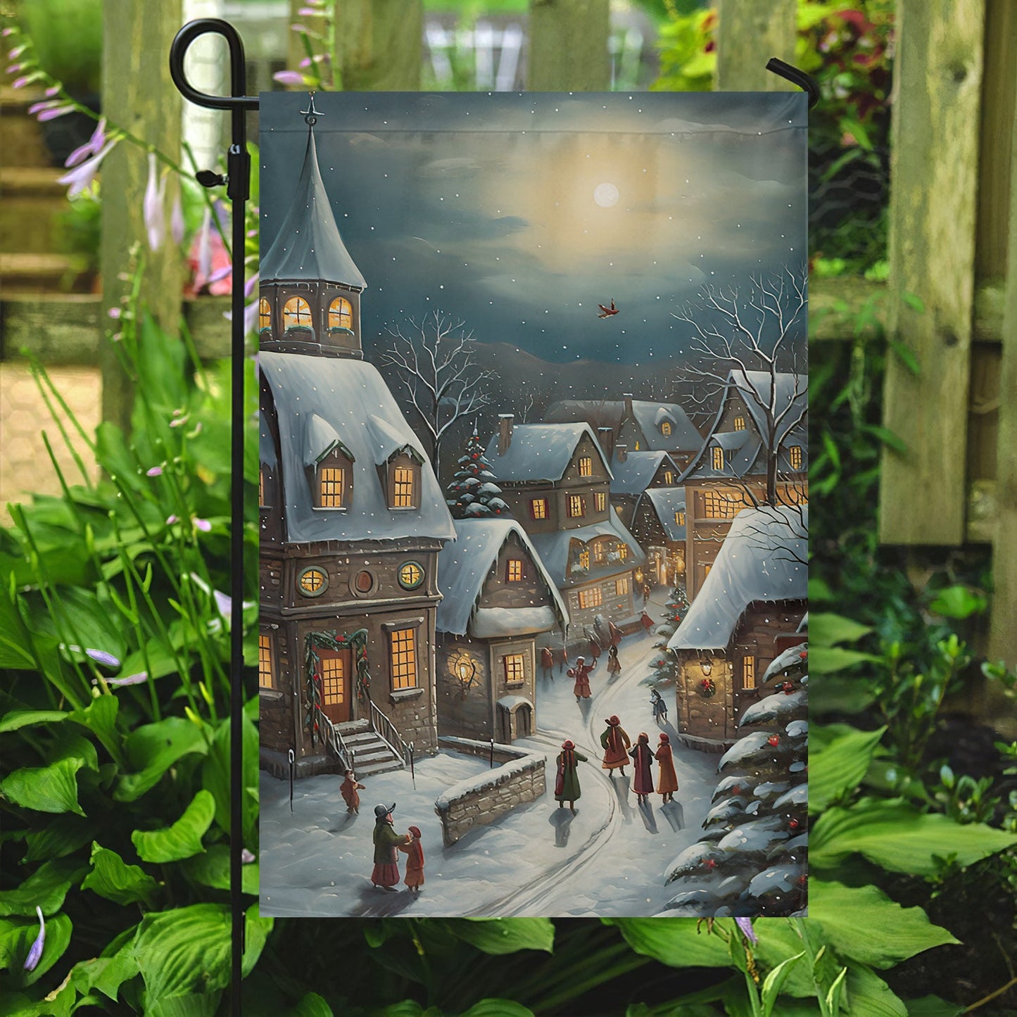 Country Village Scene Covered Snow, Village Xmas Garden Flag & House Flag, Christmas Flag Gift