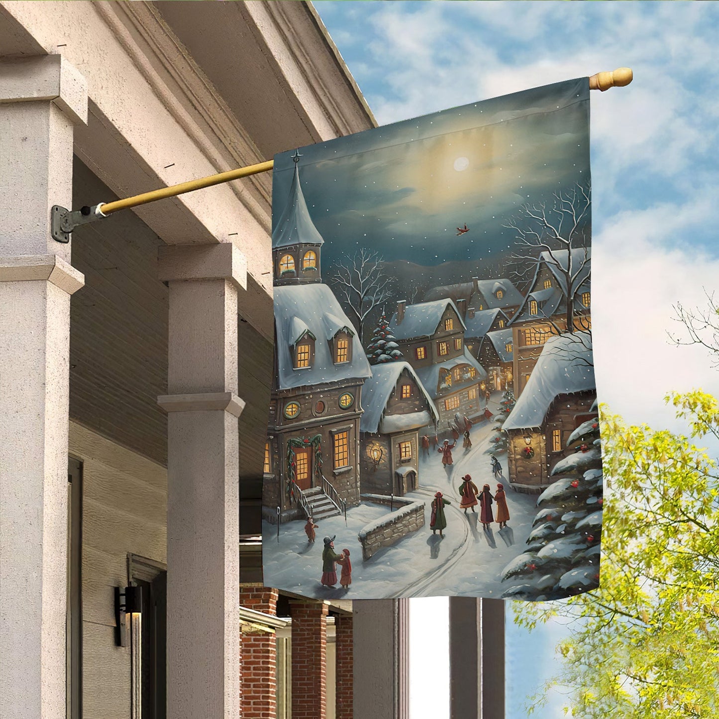 Country Village Scene Covered Snow, Village Xmas Garden Flag & House Flag, Christmas Flag Gift