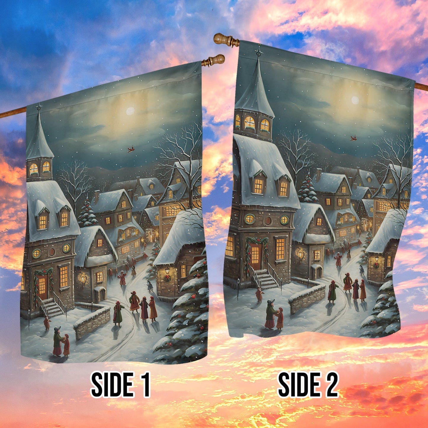 Country Village Scene Covered Snow, Village Xmas Garden Flag & House Flag, Christmas Flag Gift