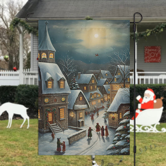 Country Village Scene Covered Snow, Village Xmas Garden Flag & House Flag, Christmas Flag Gift