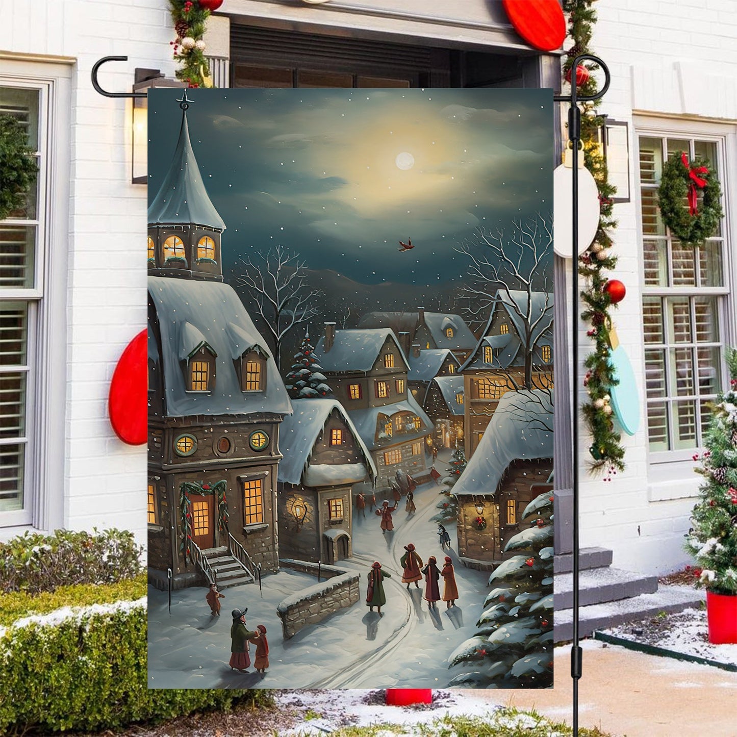 Country Village Scene Covered Snow, Village Xmas Garden Flag & House Flag, Christmas Flag Gift