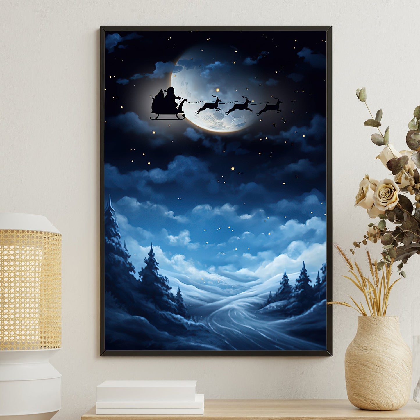 Midnight Journey Santa's Silhouette Against a Lustrous Moonlit Sky Christmas Canvas Painting, Xmas Wall Art Decor - Christmas Poster Gift