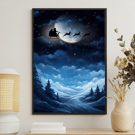 Midnight Journey Santa's Silhouette Against a Lustrous Moonlit Sky Christmas Canvas Painting, Xmas Wall Art Decor - Christmas Poster Gift