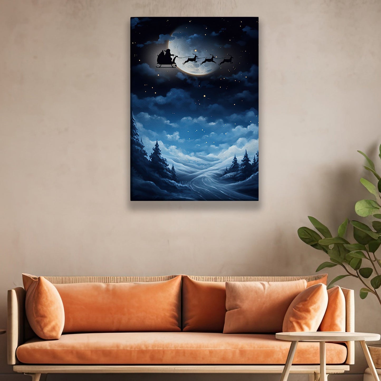 Midnight Journey Santa's Silhouette Against a Lustrous Moonlit Sky Christmas Canvas Painting, Xmas Wall Art Decor - Christmas Poster Gift