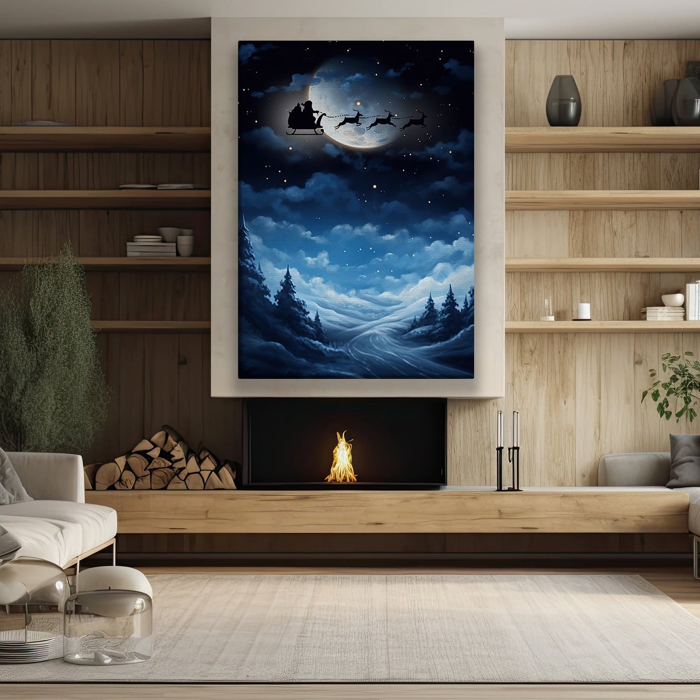 Midnight Journey Santa's Silhouette Against a Lustrous Moonlit Sky Christmas Canvas Painting, Xmas Wall Art Decor - Christmas Poster Gift