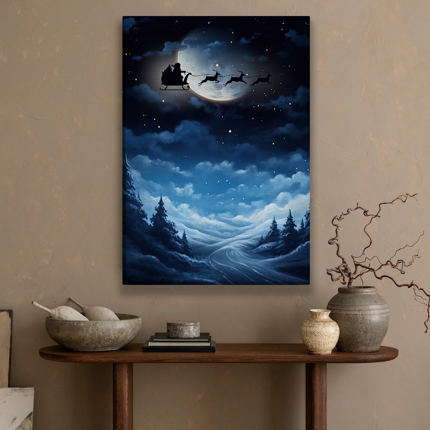 Midnight Journey Santa's Silhouette Against a Lustrous Moonlit Sky Christmas Canvas Painting, Xmas Wall Art Decor - Christmas Poster Gift