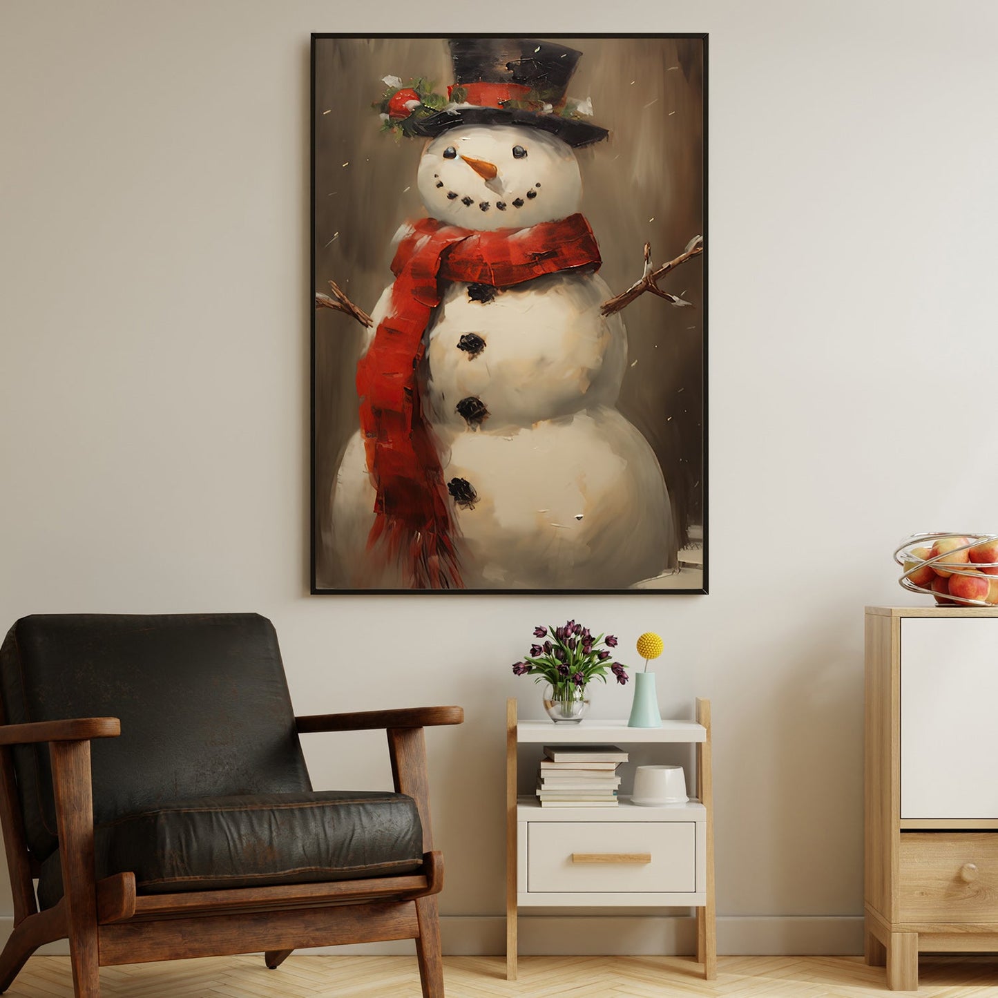 Winter's Gentleman A Snowman Dressed in Elegance and Joy Christmas Canvas Painting, Xmas Wall Art Decor - Christmas Poster Gift