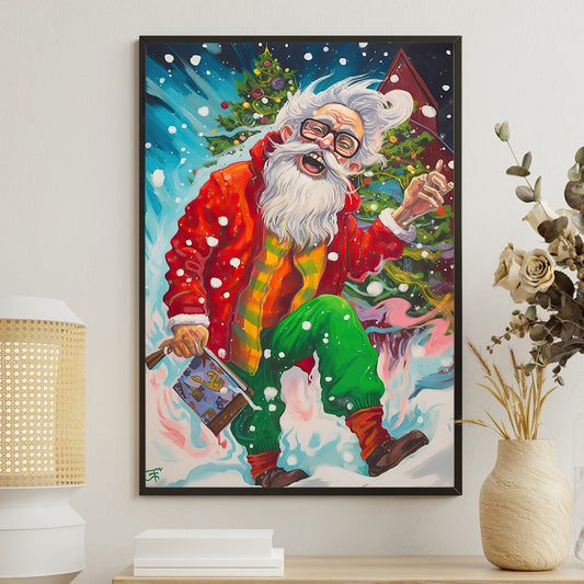 Hipster Holiday Santa's Vibrant Voyage Christmas Canvas Painting, Xmas Wall Art Decor - Christmas Poster Gift