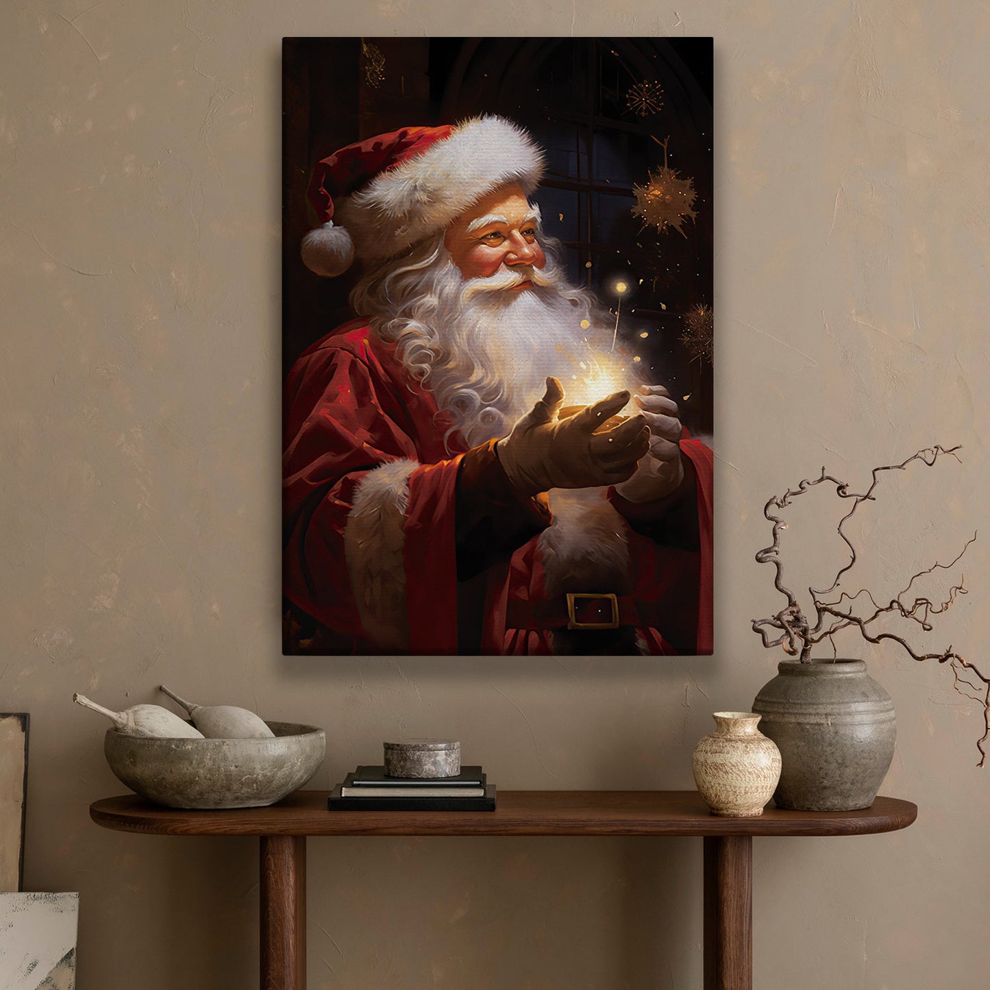 Santa Claus Dose Magic In Hand, Santa Christmas Canvas Painting, Xmas Wall Art Decor - Christmas Poster Gift