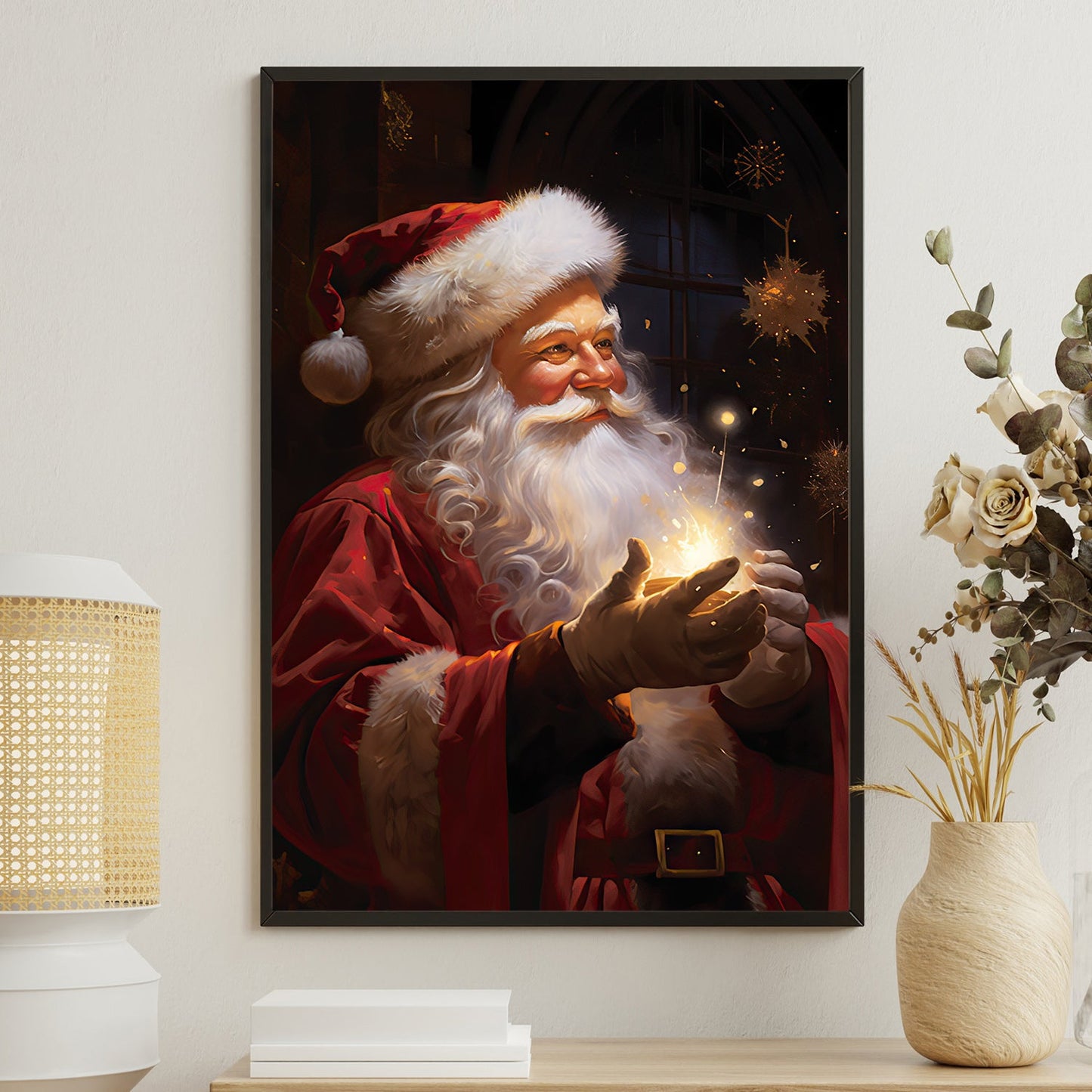 Santa Claus Dose Magic In Hand, Santa Christmas Canvas Painting, Xmas Wall Art Decor - Christmas Poster Gift