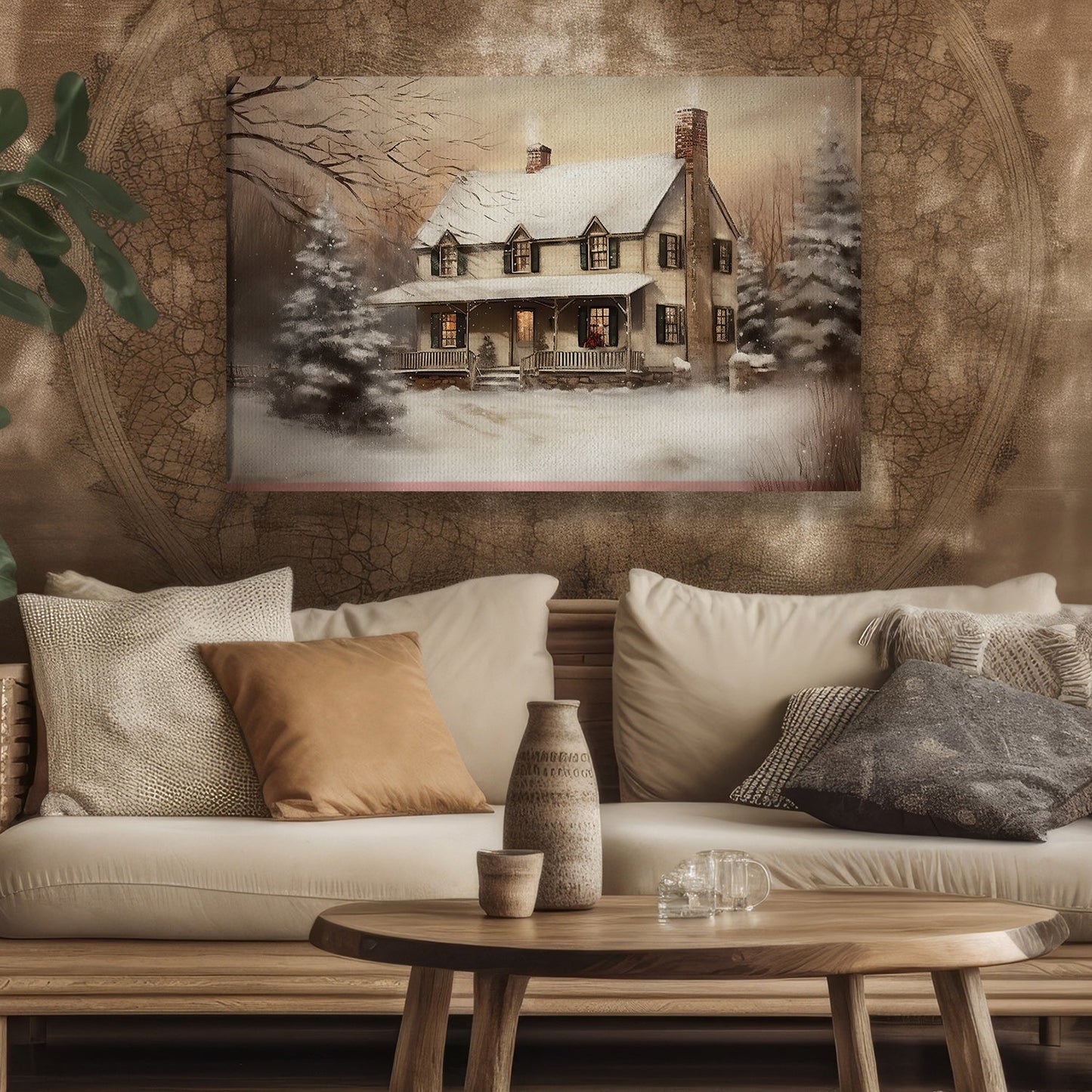 A Serene Snow-Covered Homestead Amidst Nature's Hush Christmas Canvas Painting, Xmas Wall Art Decor - Christmas Poster Gift