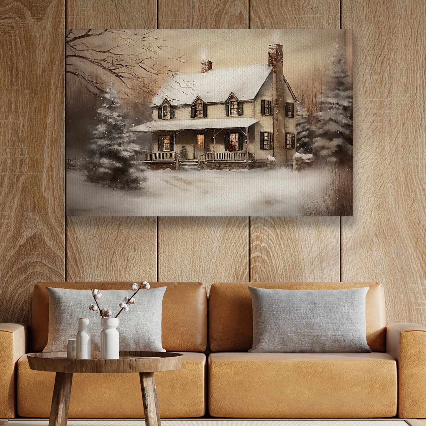 A Serene Snow-Covered Homestead Amidst Nature's Hush Christmas Canvas Painting, Xmas Wall Art Decor - Christmas Poster Gift