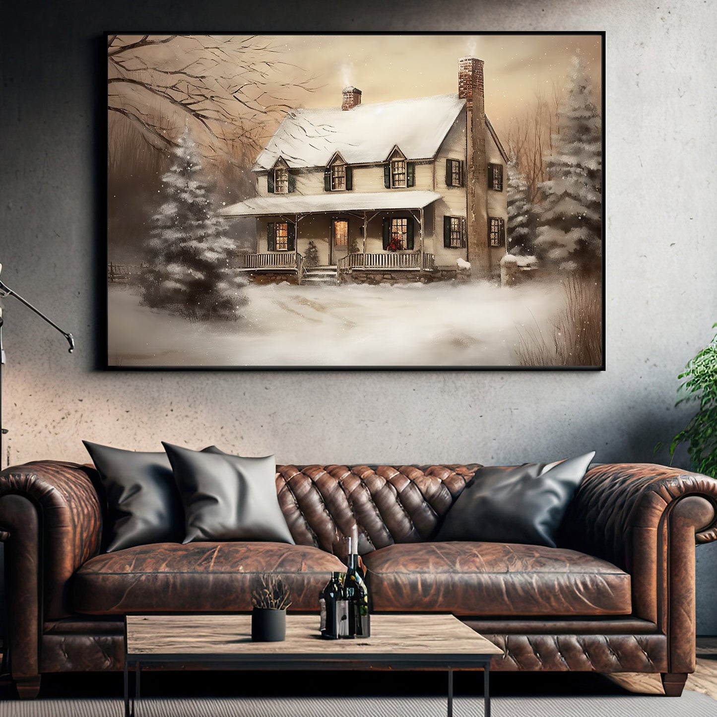 A Serene Snow-Covered Homestead Amidst Nature's Hush Christmas Canvas Painting, Xmas Wall Art Decor - Christmas Poster Gift