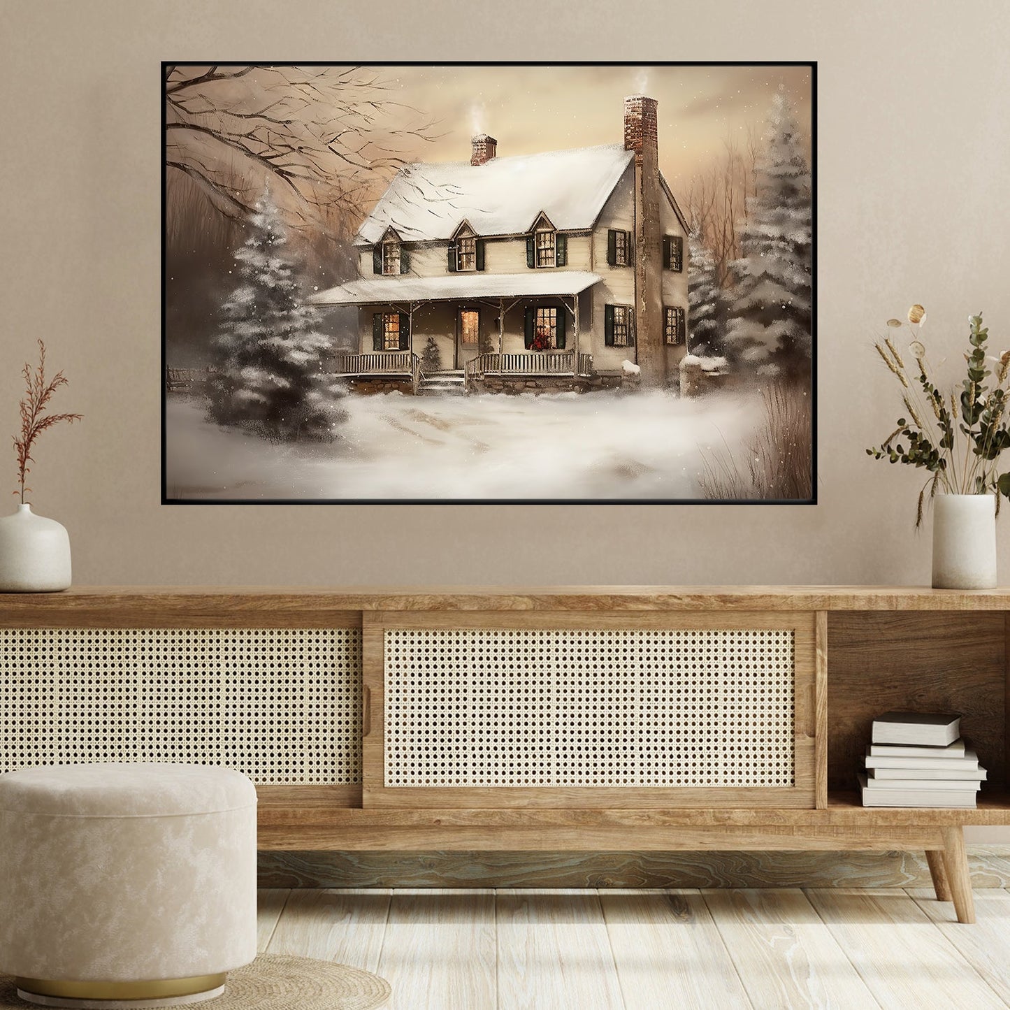 A Serene Snow-Covered Homestead Amidst Nature's Hush Christmas Canvas Painting, Xmas Wall Art Decor - Christmas Poster Gift