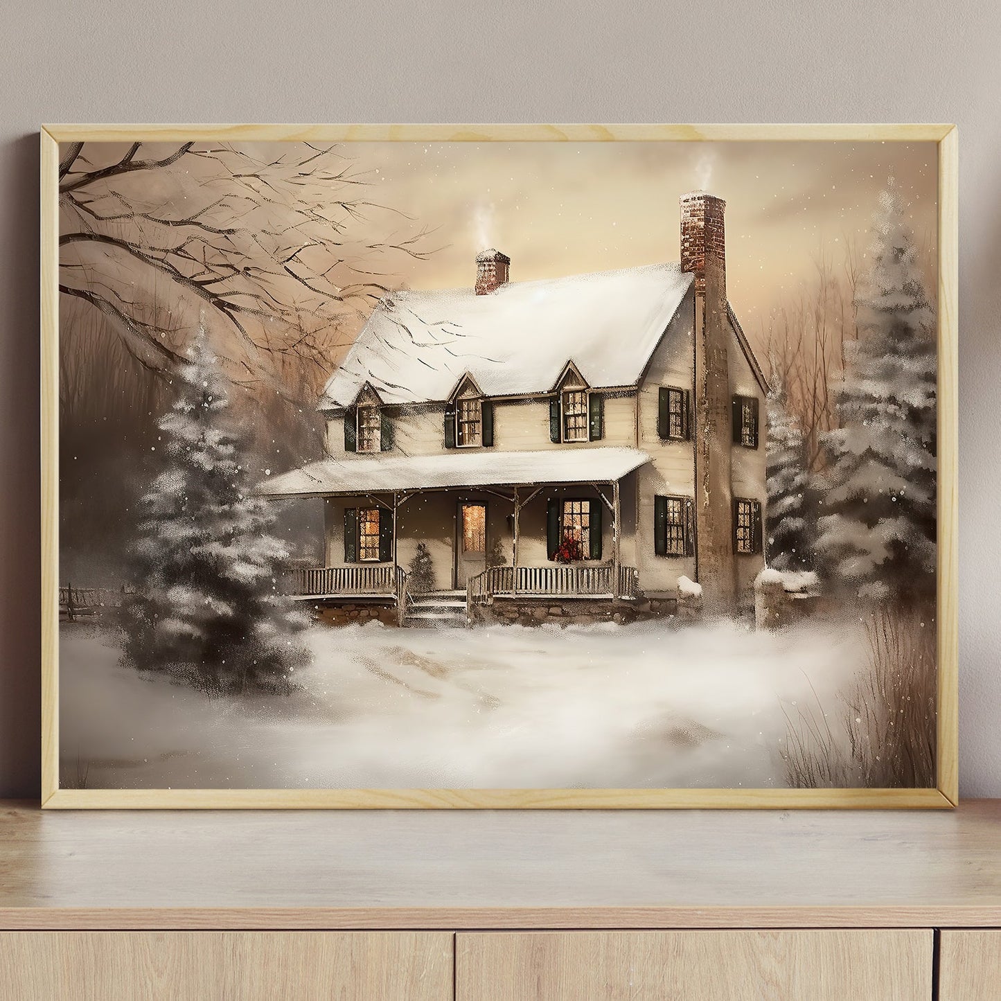 A Serene Snow-Covered Homestead Amidst Nature's Hush Christmas Canvas Painting, Xmas Wall Art Decor - Christmas Poster Gift