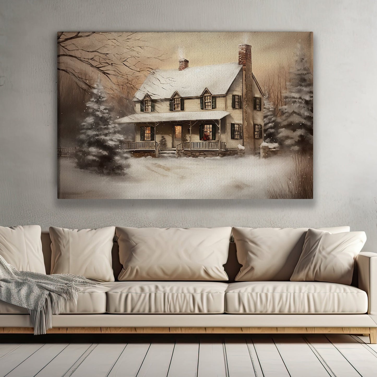 A Serene Snow-Covered Homestead Amidst Nature's Hush Christmas Canvas Painting, Xmas Wall Art Decor - Christmas Poster Gift